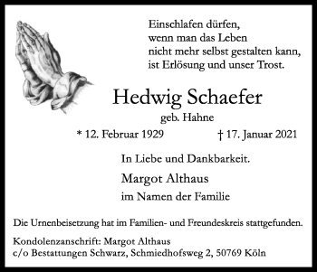 Anzeige von Hedwig Schaefer von Kölner Stadt-Anzeiger / Kölnische Rundschau / Express