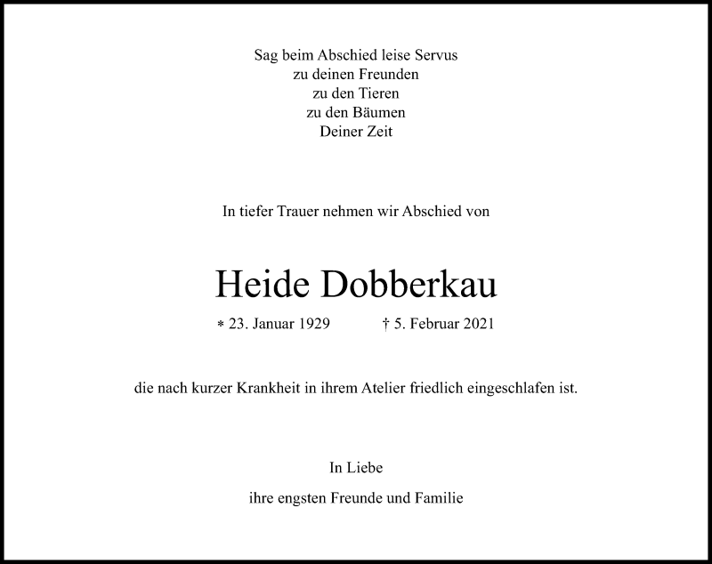  Traueranzeige für Heide Dobberkau vom 13.02.2021 aus Kölner Stadt-Anzeiger / Kölnische Rundschau / Express