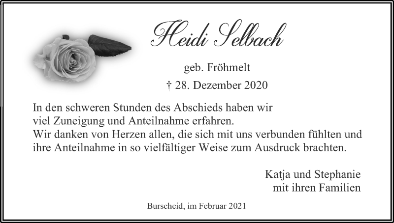  Traueranzeige für Heidi Selbach vom 06.02.2021 aus Kölner Stadt-Anzeiger / Kölnische Rundschau / Express
