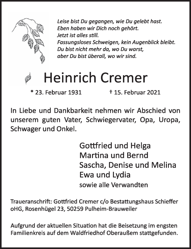  Traueranzeige für Heinrich Cremer vom 26.02.2021 aus  Werbepost 