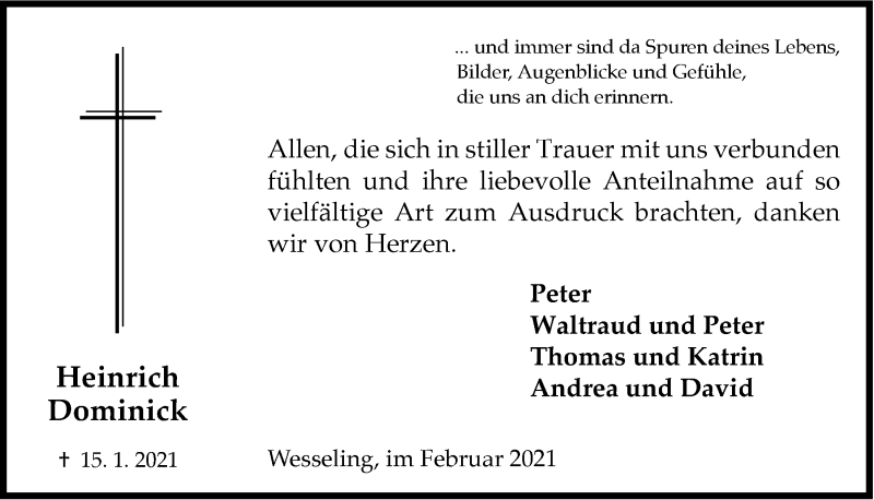  Traueranzeige für Heinrich Dominick vom 19.02.2021 aus  Schlossbote/Werbekurier 