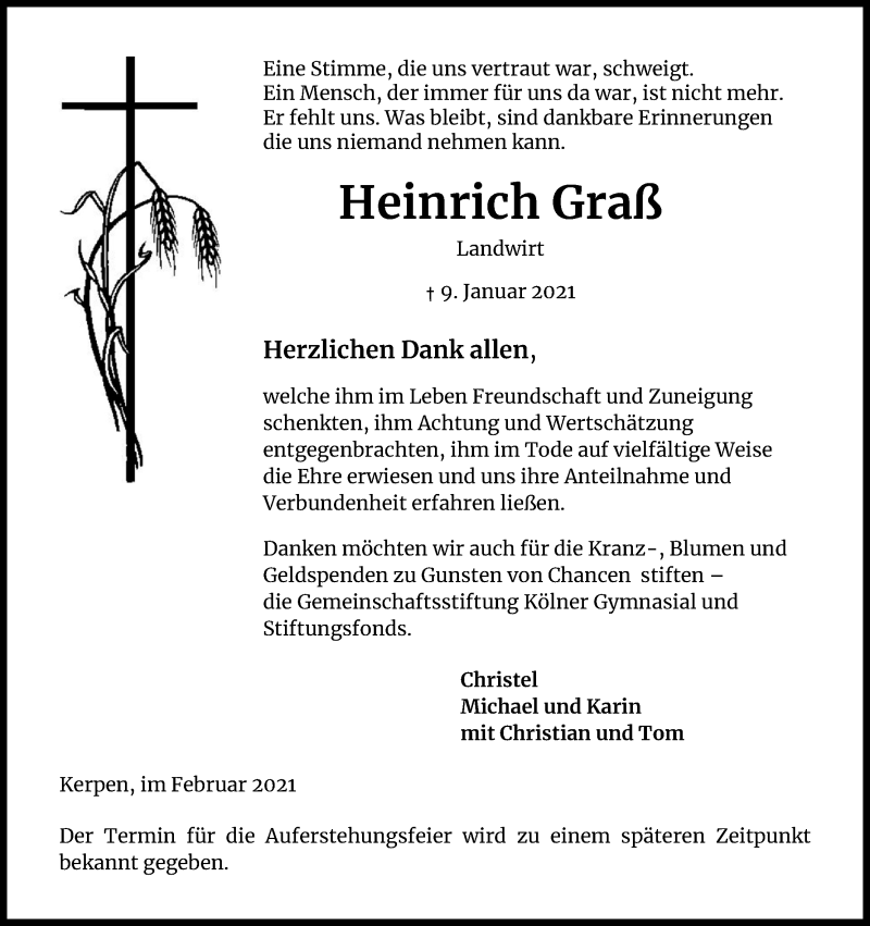  Traueranzeige für Heinrich Graß vom 20.02.2021 aus Kölner Stadt-Anzeiger / Kölnische Rundschau / Express