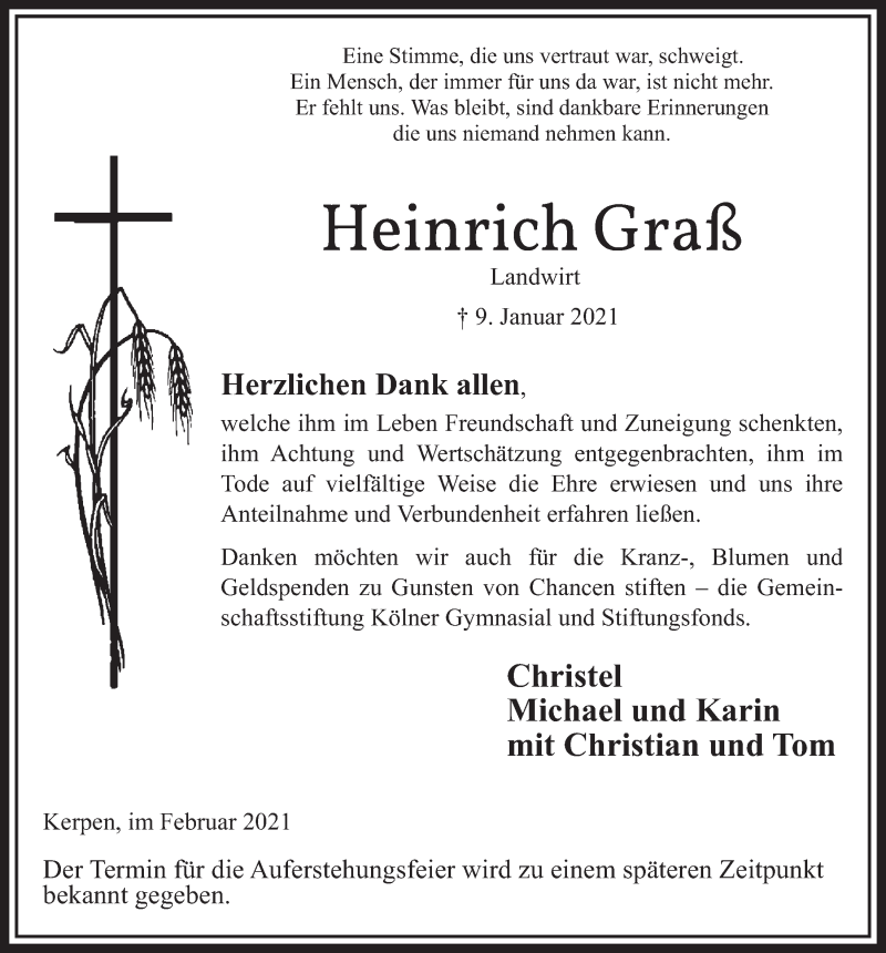 Traueranzeige für Heinrich Graß vom 19.02.2021 aus  Werbepost 