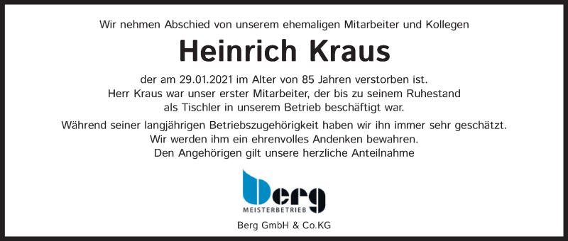  Traueranzeige für Heinrich Kraus vom 03.02.2021 aus Kölner Stadt-Anzeiger / Kölnische Rundschau / Express