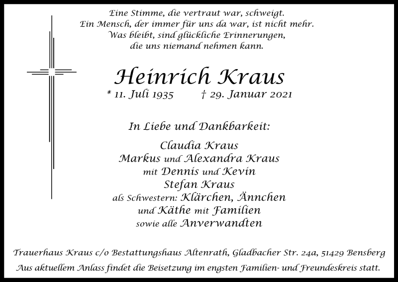  Traueranzeige für Heinrich Kraus vom 13.02.2021 aus Kölner Stadt-Anzeiger / Kölnische Rundschau / Express