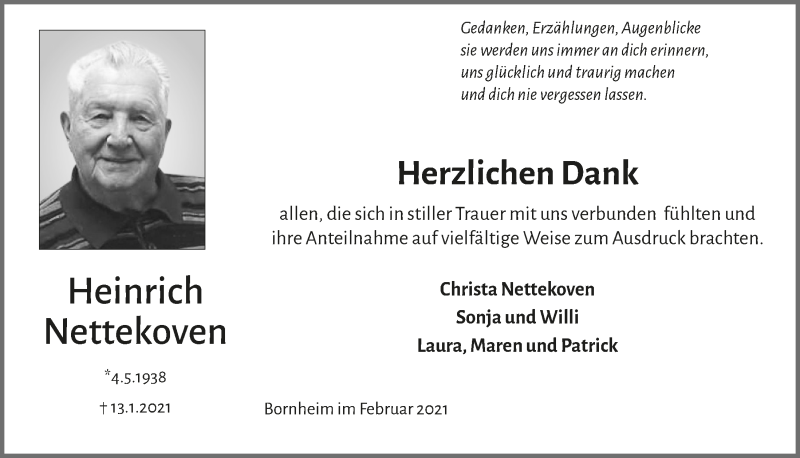  Traueranzeige für Heinrich Nettekoven vom 05.02.2021 aus  Schaufenster/Blickpunkt 