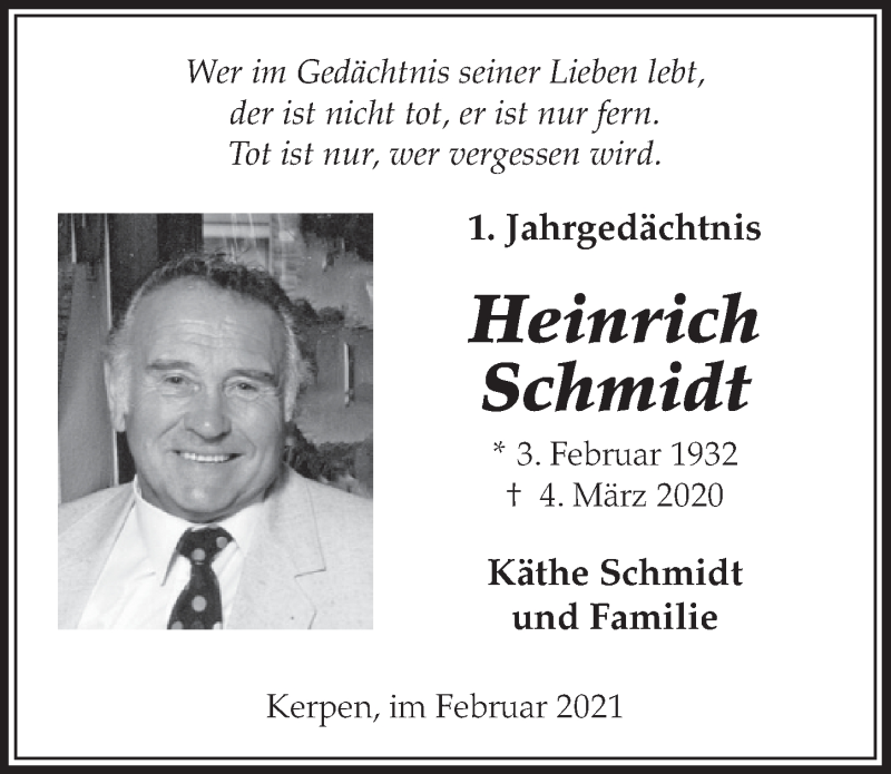  Traueranzeige für Heinrich Schmidt vom 26.02.2021 aus  Werbepost 