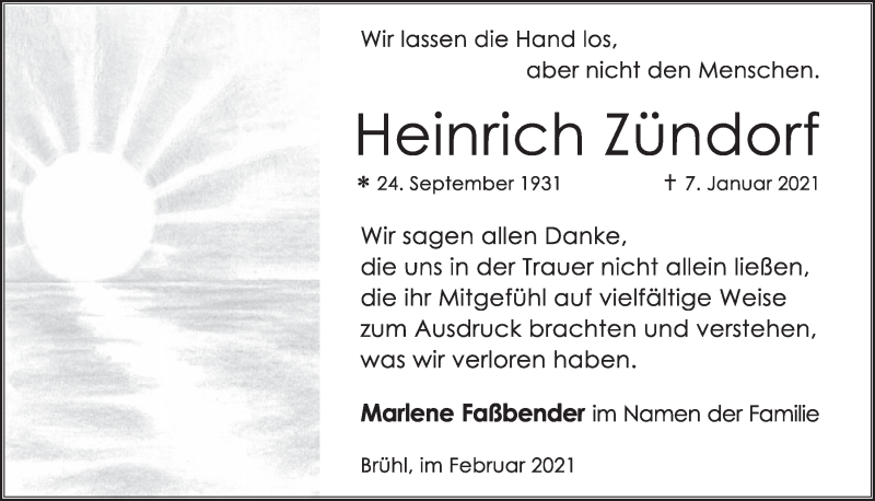  Traueranzeige für Heinrich Zündorf vom 19.02.2021 aus  Schlossbote/Werbekurier 