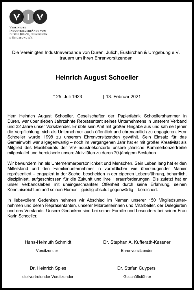  Traueranzeige für Heinrich August Schoeller vom 20.02.2021 aus Kölner Stadt-Anzeiger / Kölnische Rundschau / Express