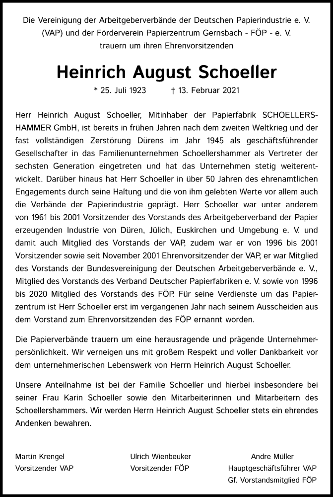  Traueranzeige für Heinrich August Schoeller vom 20.02.2021 aus Kölner Stadt-Anzeiger / Kölnische Rundschau / Express