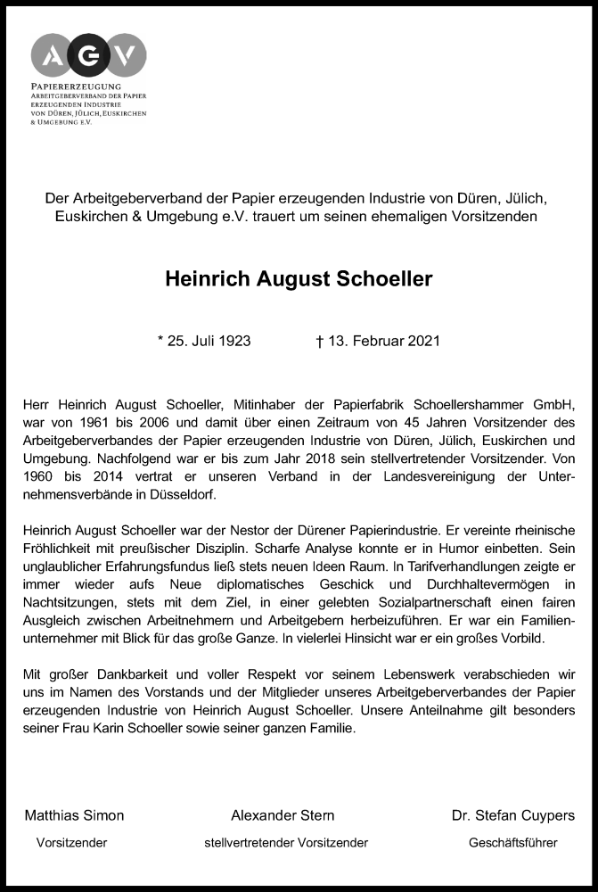  Traueranzeige für Heinrich August Schoeller vom 20.02.2021 aus Kölner Stadt-Anzeiger / Kölnische Rundschau / Express