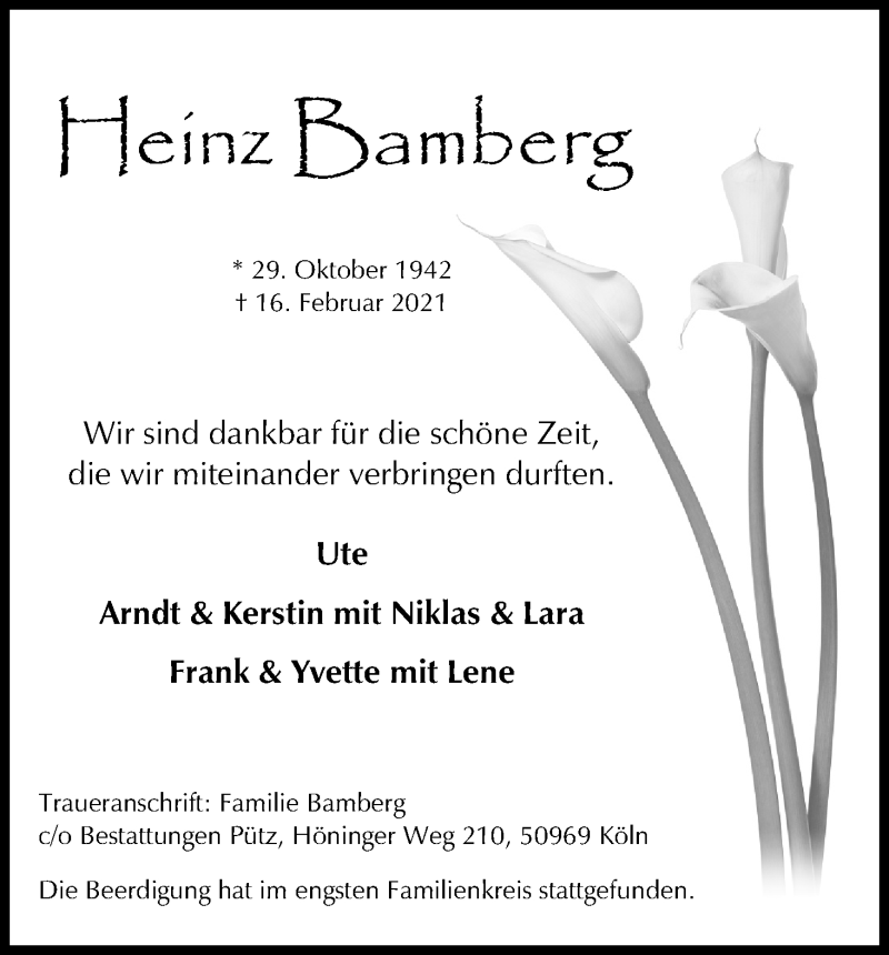  Traueranzeige für Heinz Bamberg vom 27.02.2021 aus Kölner Stadt-Anzeiger / Kölnische Rundschau / Express