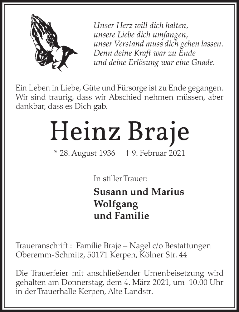  Traueranzeige für Heinz Braje vom 26.02.2021 aus  Werbepost 