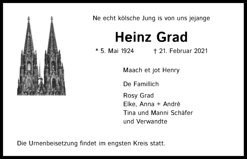  Traueranzeige für Heinz Grad vom 27.02.2021 aus Kölner Stadt-Anzeiger / Kölnische Rundschau / Express