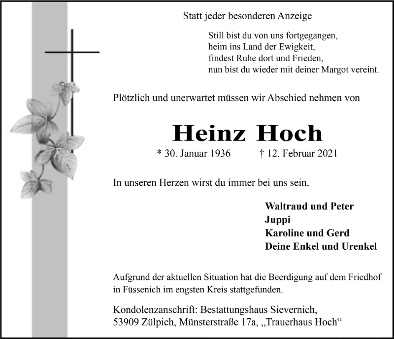  Traueranzeige für Heinz Hoch vom 20.02.2021 aus  Blickpunkt Euskirchen 
