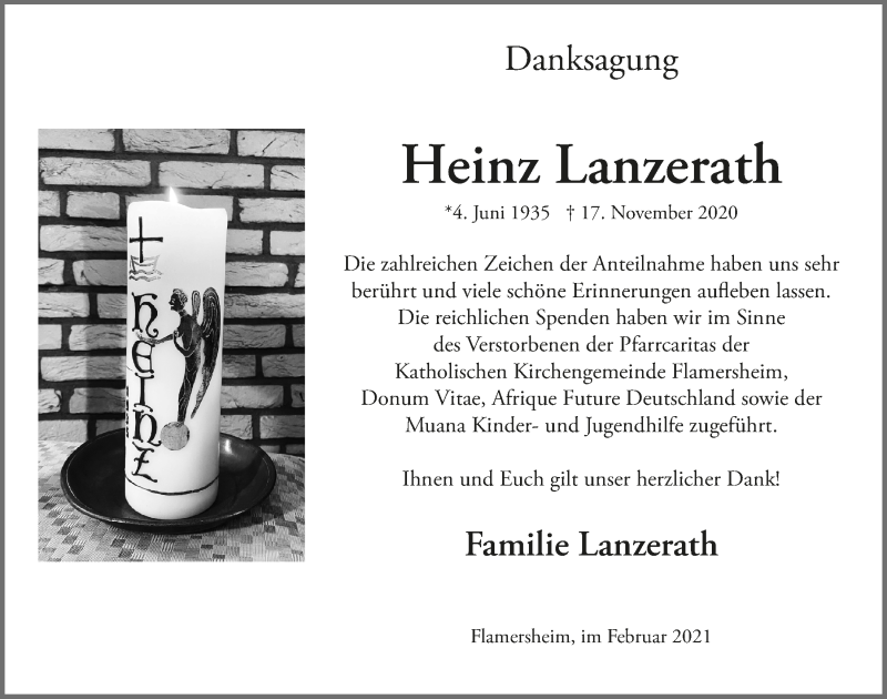  Traueranzeige für Heinz Lanzerath vom 06.02.2021 aus  Blickpunkt Euskirchen 