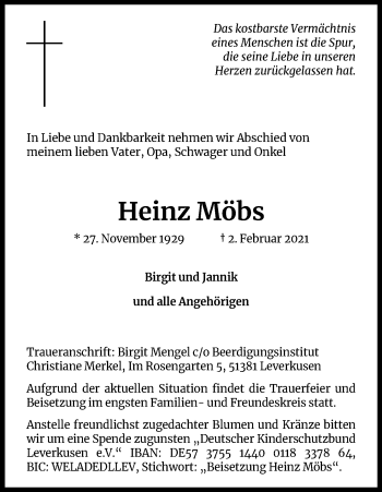 Anzeige von Heinz Möbs von Kölner Stadt-Anzeiger / Kölnische Rundschau / Express