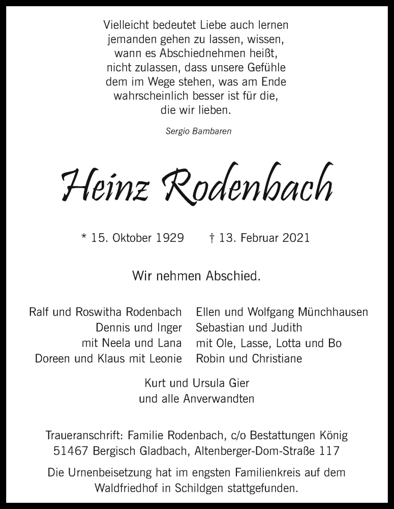  Traueranzeige für Heinz Rodenbach vom 27.02.2021 aus Kölner Stadt-Anzeiger / Kölnische Rundschau / Express