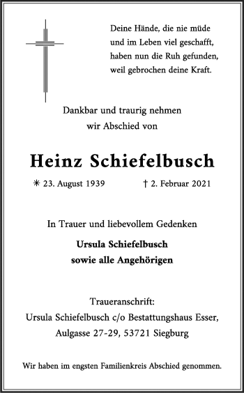 Anzeige von Heinz Schiefelbusch von Kölner Stadt-Anzeiger / Kölnische Rundschau / Express