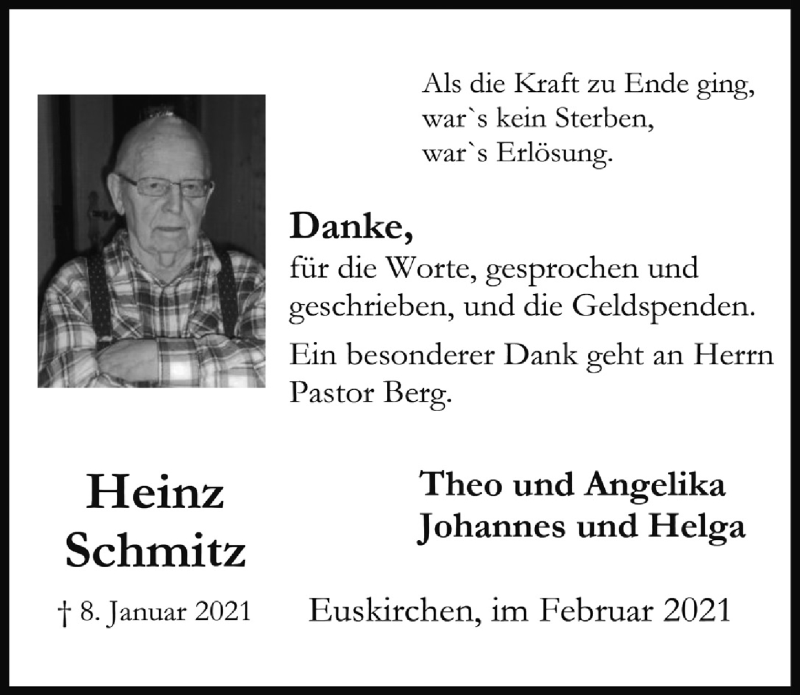  Traueranzeige für Heinz Schmitz vom 13.02.2021 aus  Blickpunkt Euskirchen 