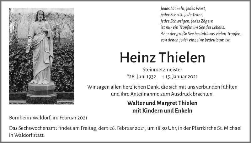 Traueranzeige für Heinz Thielen vom 12.02.2021 aus  Schaufenster/Blickpunkt 
