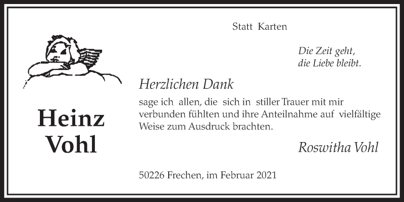 Traueranzeige für Heinz Vohl vom 26.02.2021 aus  Wochenende 