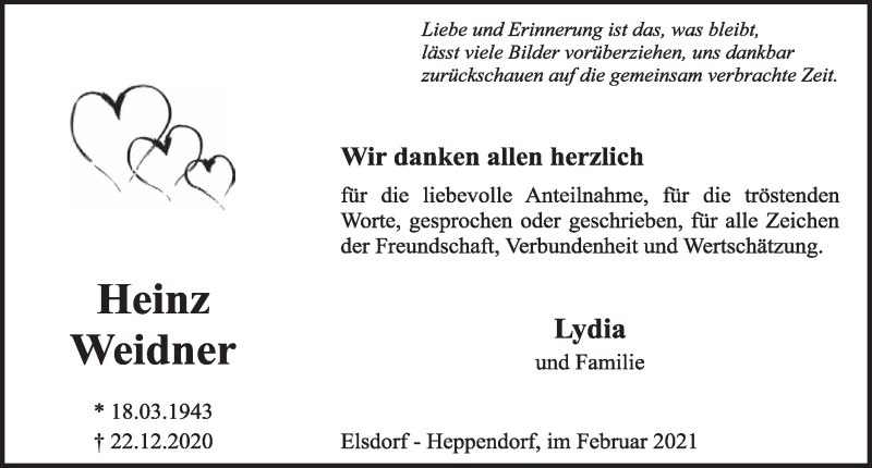  Traueranzeige für Heinz Weidner vom 05.02.2021 aus  Werbepost 
