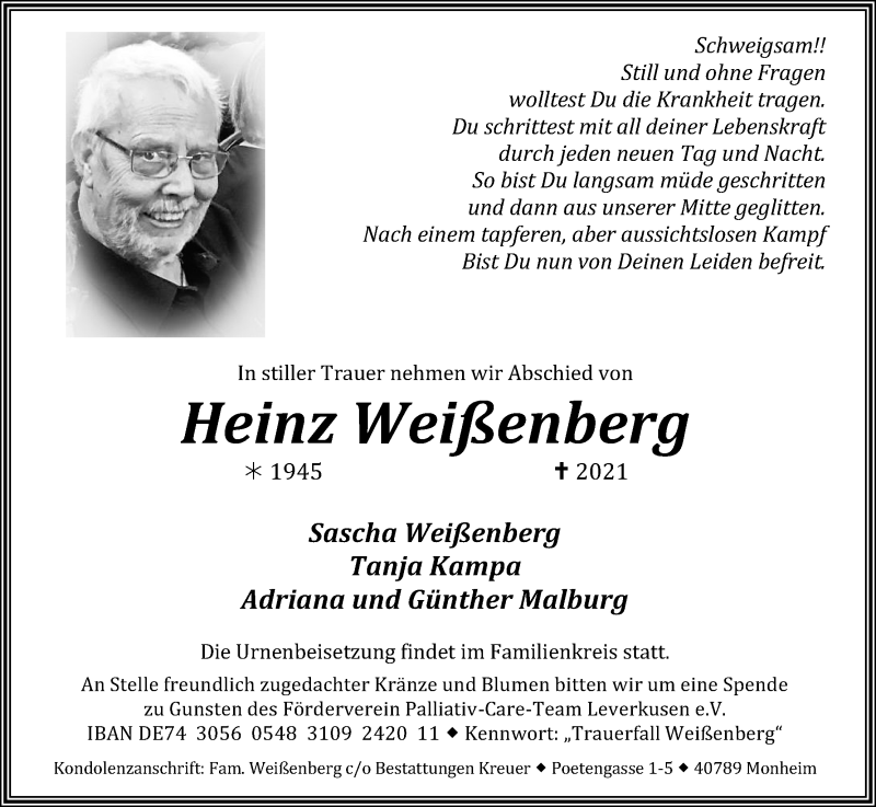  Traueranzeige für Heinz Weißenberg vom 27.02.2021 aus Kölner Stadt-Anzeiger / Kölnische Rundschau / Express