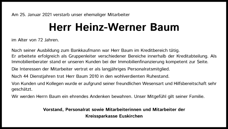  Traueranzeige für Heinz-Werner Baum vom 23.02.2021 aus Kölner Stadt-Anzeiger / Kölnische Rundschau / Express