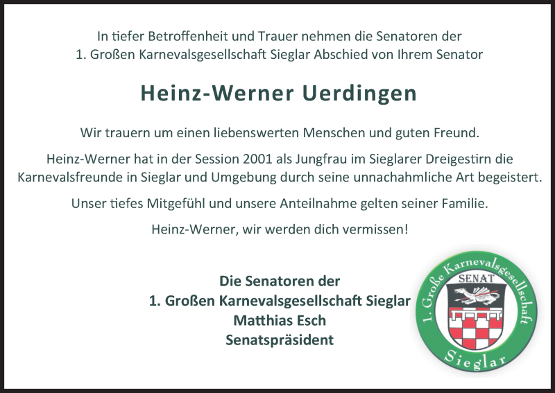  Traueranzeige für Heinz-Werner Uerdingen vom 13.02.2021 aus Kölner Stadt-Anzeiger / Kölnische Rundschau / Express