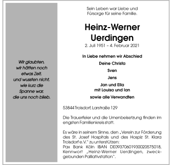 Anzeige von Heinz-Werner Uerdingen von Kölner Stadt-Anzeiger / Kölnische Rundschau / Express
