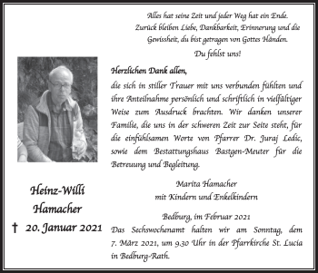 Anzeige von Heinz-Willi Hamacher von  Werbepost 