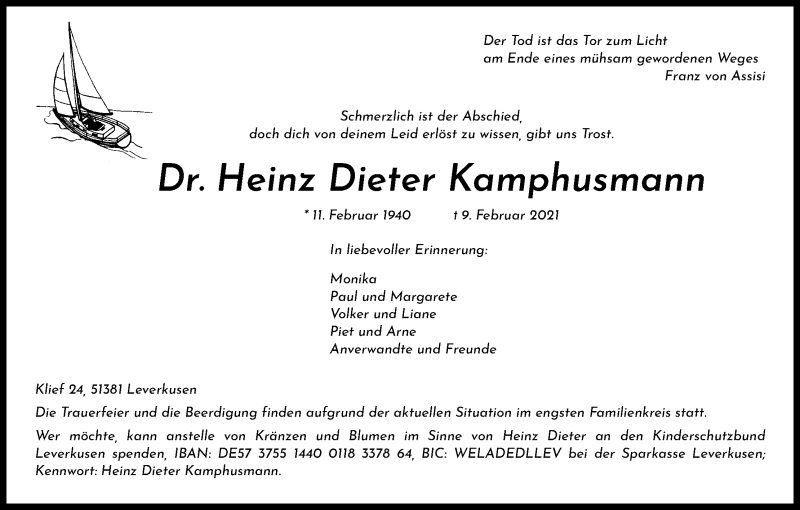  Traueranzeige für Heinz Dieter Kamphusmann vom 13.02.2021 aus Kölner Stadt-Anzeiger / Kölnische Rundschau / Express