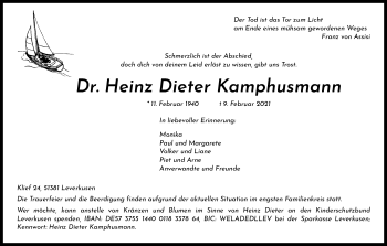 Anzeige von Heinz Dieter Kamphusmann von Kölner Stadt-Anzeiger / Kölnische Rundschau / Express