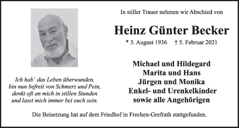  Traueranzeige für Heinz Günter Becker vom 12.02.2021 aus  Wochenende 