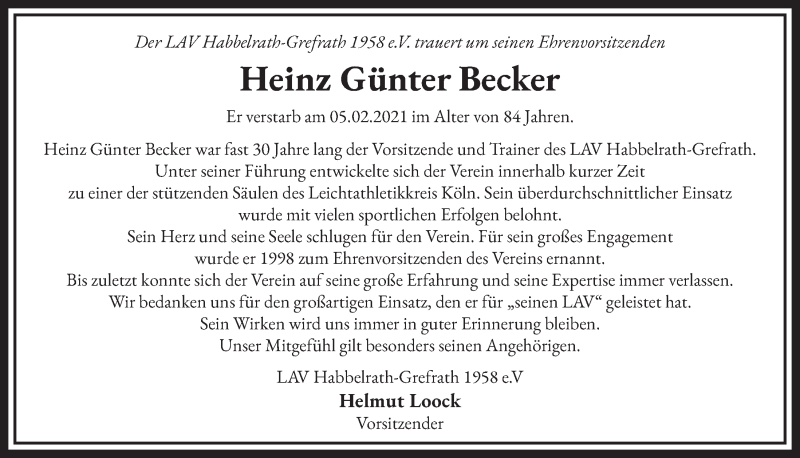  Traueranzeige für Heinz Günter Becker vom 19.02.2021 aus  Wochenende 