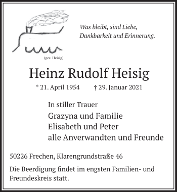 Anzeige von Heinz Rudolf Heisig von  Wochenende 