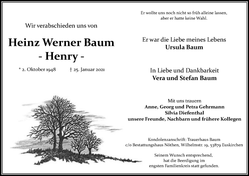  Traueranzeige für Heinz Werner Baum vom 13.02.2021 aus Kölner Stadt-Anzeiger / Kölnische Rundschau / Express
