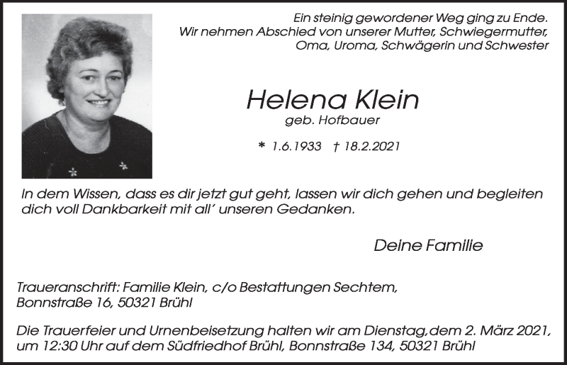  Traueranzeige für Helena Klein vom 26.02.2021 aus  Schlossbote/Werbekurier 