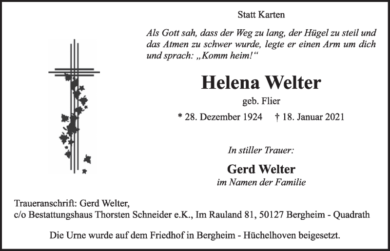  Traueranzeige für Helena Welter vom 05.02.2021 aus  Werbepost 