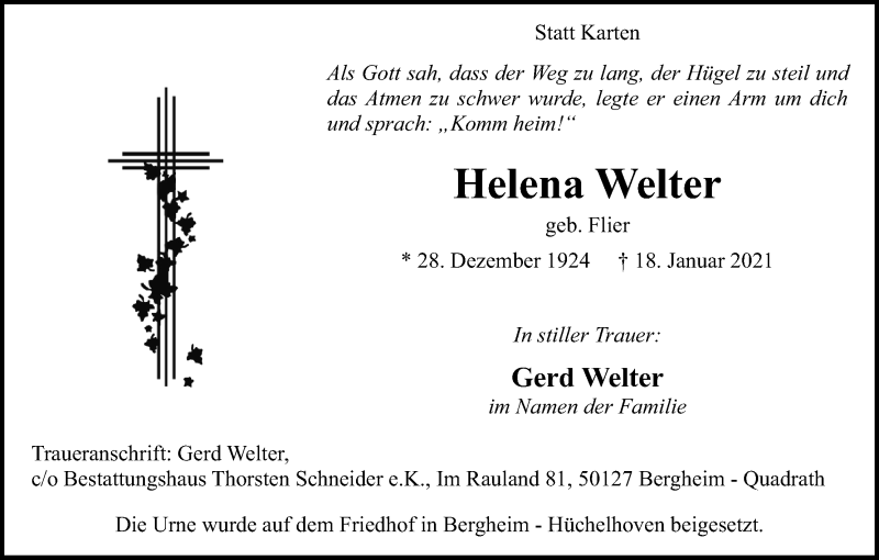  Traueranzeige für Helena Welter vom 06.02.2021 aus Kölner Stadt-Anzeiger / Kölnische Rundschau / Express