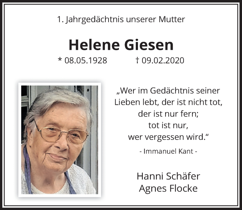  Traueranzeige für Helene Giesen vom 05.02.2021 aus  Wochenende  Werbepost 