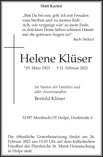 Anzeige von Helene Klüser von  Lokalanzeiger 