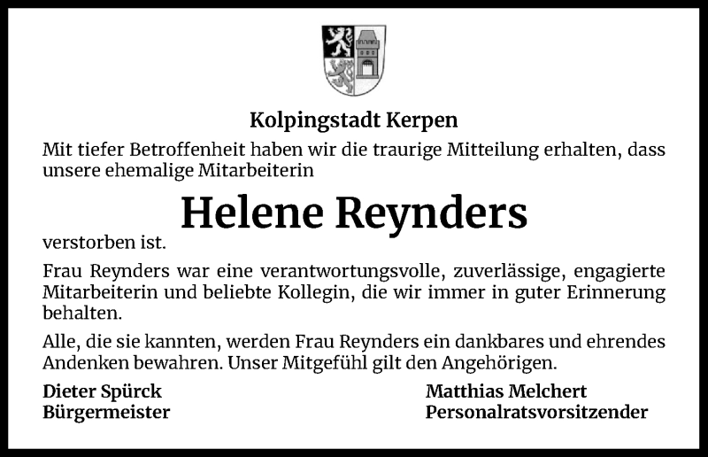  Traueranzeige für Helene Reynders vom 03.02.2021 aus Kölner Stadt-Anzeiger / Kölnische Rundschau / Express