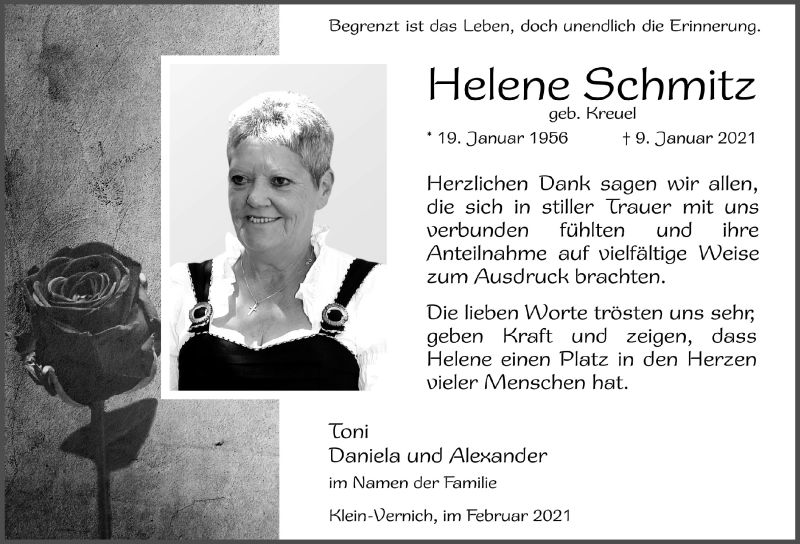  Traueranzeige für Helene Schmitz vom 13.02.2021 aus  Blickpunkt Euskirchen 