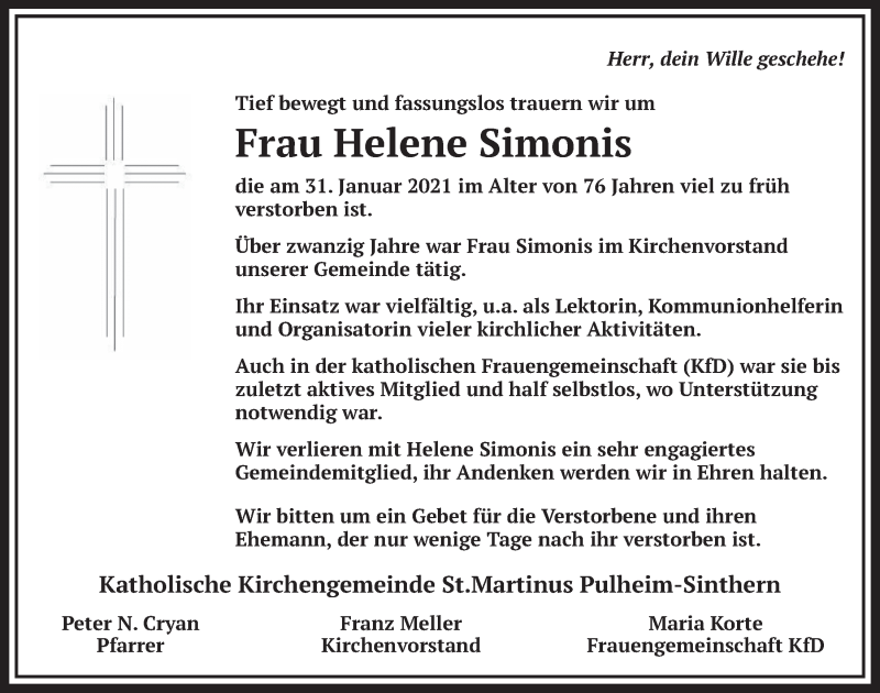  Traueranzeige für Helene Simonis vom 26.02.2021 aus  Wochenende 