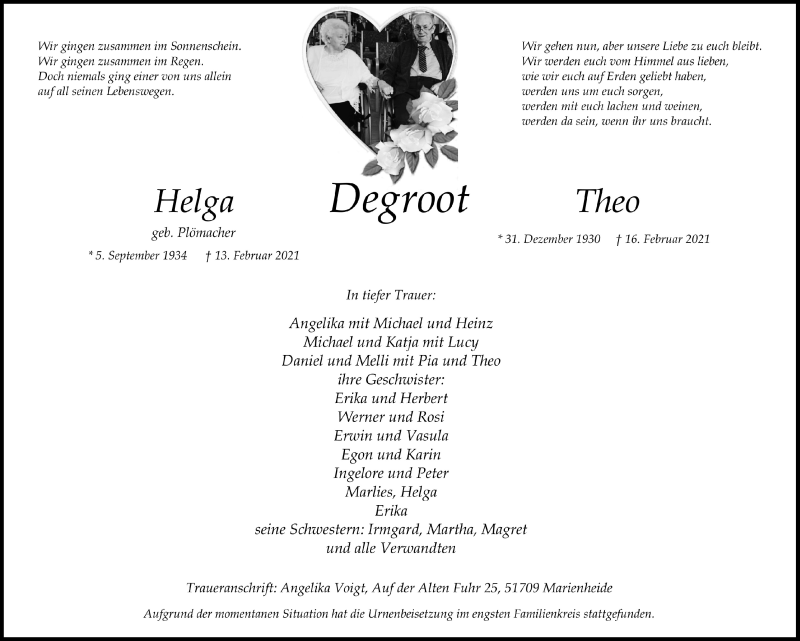  Traueranzeige für Helga Degroot vom 26.02.2021 aus  Anzeigen Echo 
