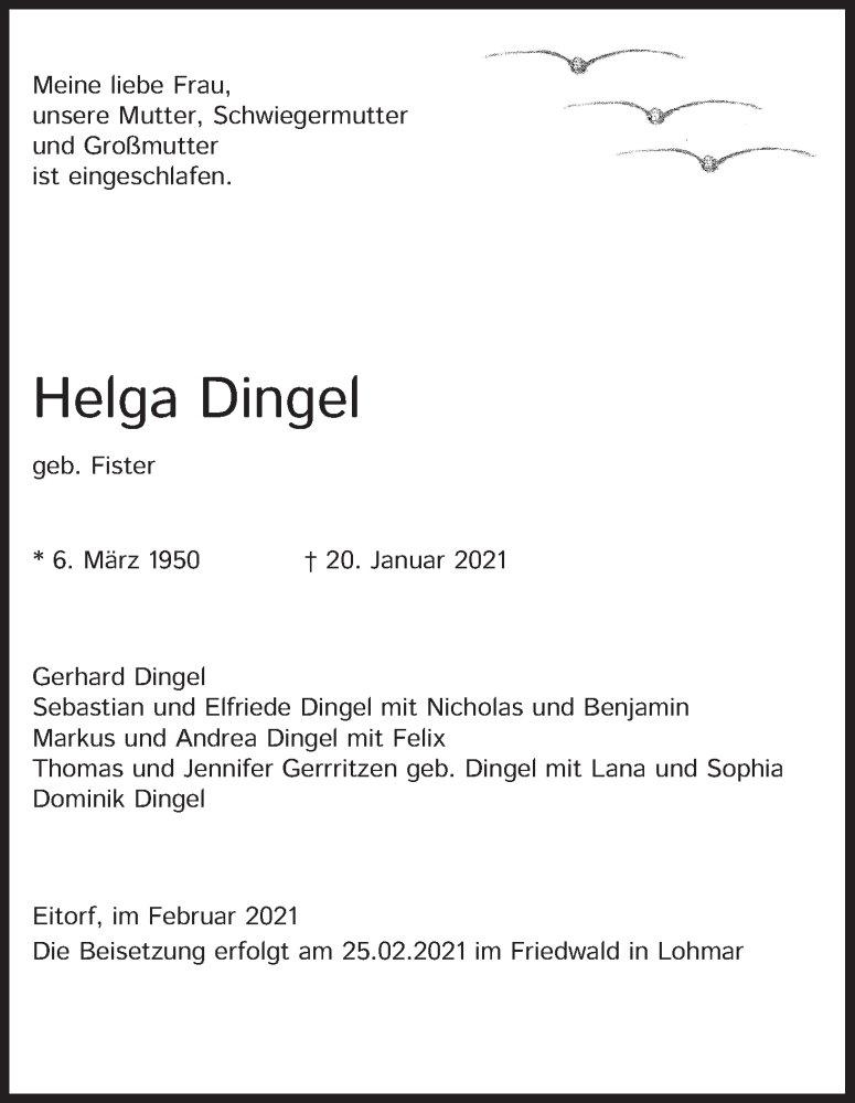  Traueranzeige für Helga Dingel vom 06.02.2021 aus Kölner Stadt-Anzeiger / Kölnische Rundschau / Express