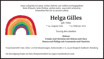 Anzeige von Helga Gilles von Kölner Stadt-Anzeiger / Kölnische Rundschau / Express