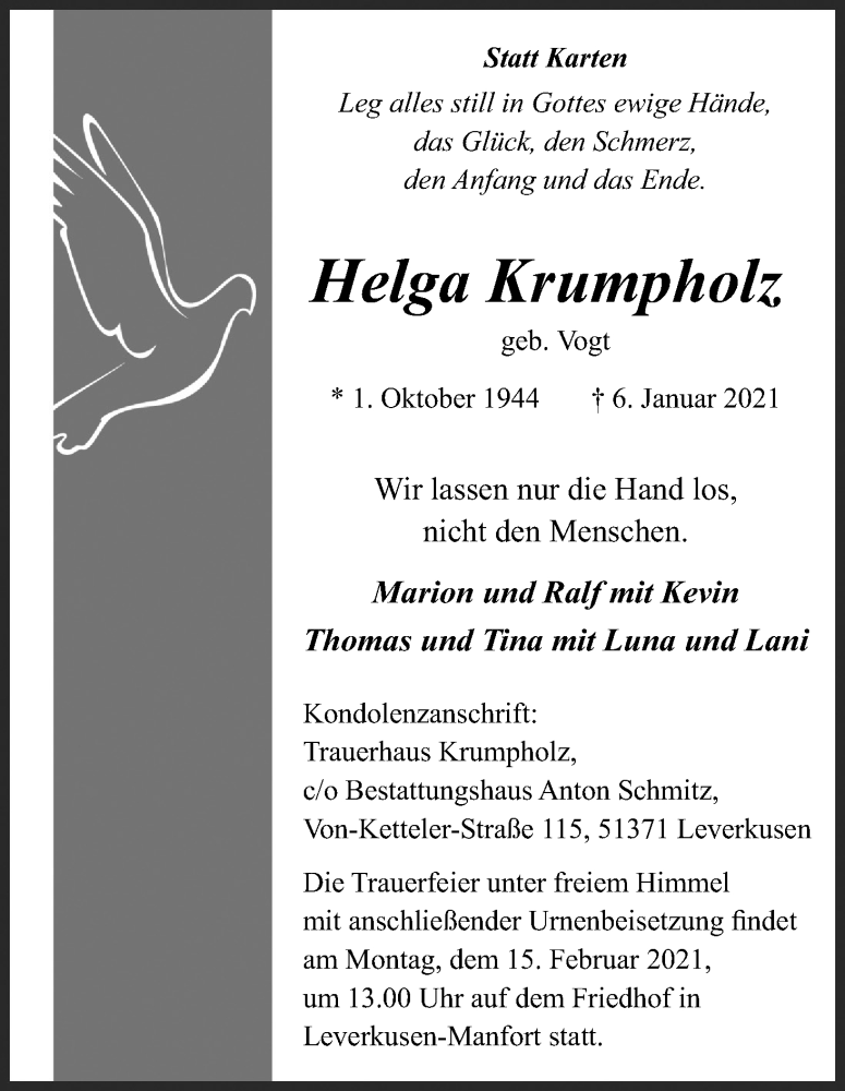  Traueranzeige für Helga Krumpholz vom 06.02.2021 aus Kölner Stadt-Anzeiger / Kölnische Rundschau / Express